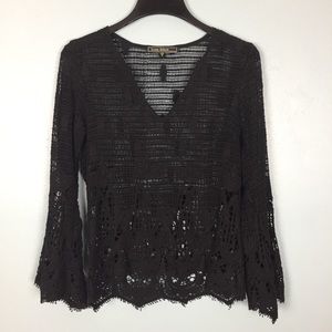 Love Stitch Black Lace Long Bell Sleeve Top